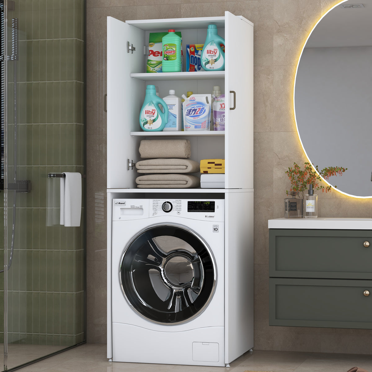 Rani KD135 Çamaşır Makinesi Dolabı 2 Raflı Kapaklı Banyo Dolabı Beyaz