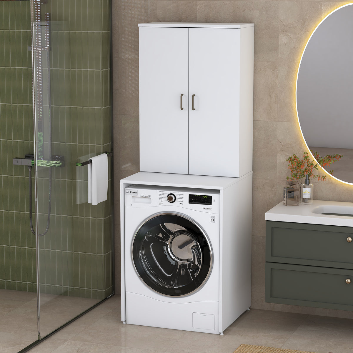 Rani KD135 Çamaşır Makinesi Dolabı 2 Raflı Kapaklı Banyo Dolabı Beyaz