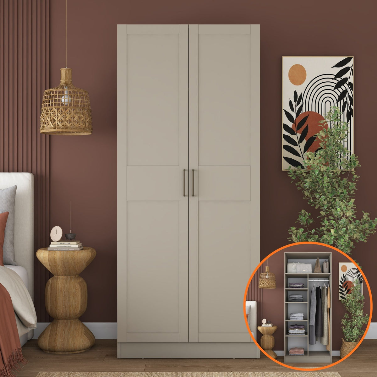 Rani BA290 Membran Kapaklı Gardırop 2 Kapaklı 5 Raflı Askılı Elbise Dolabı Kumtaşı