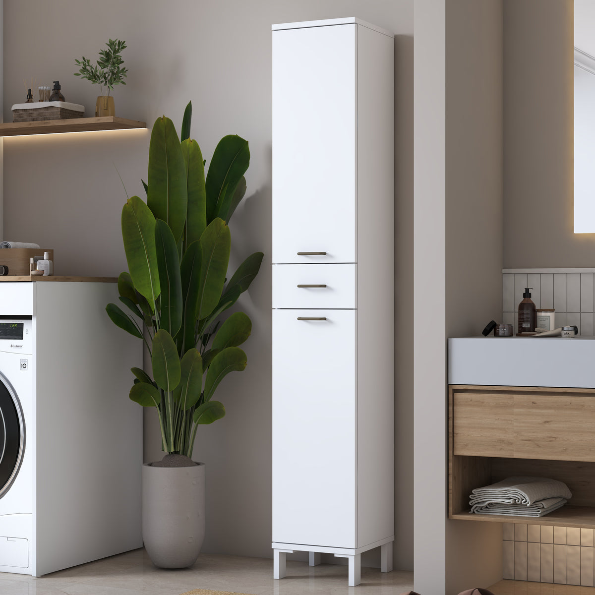 Rani KC112 Banyo Dolabı 2 Kapaklı 4 Raflı Çekmeceli Çok Amaçlı Dolap Beyaz