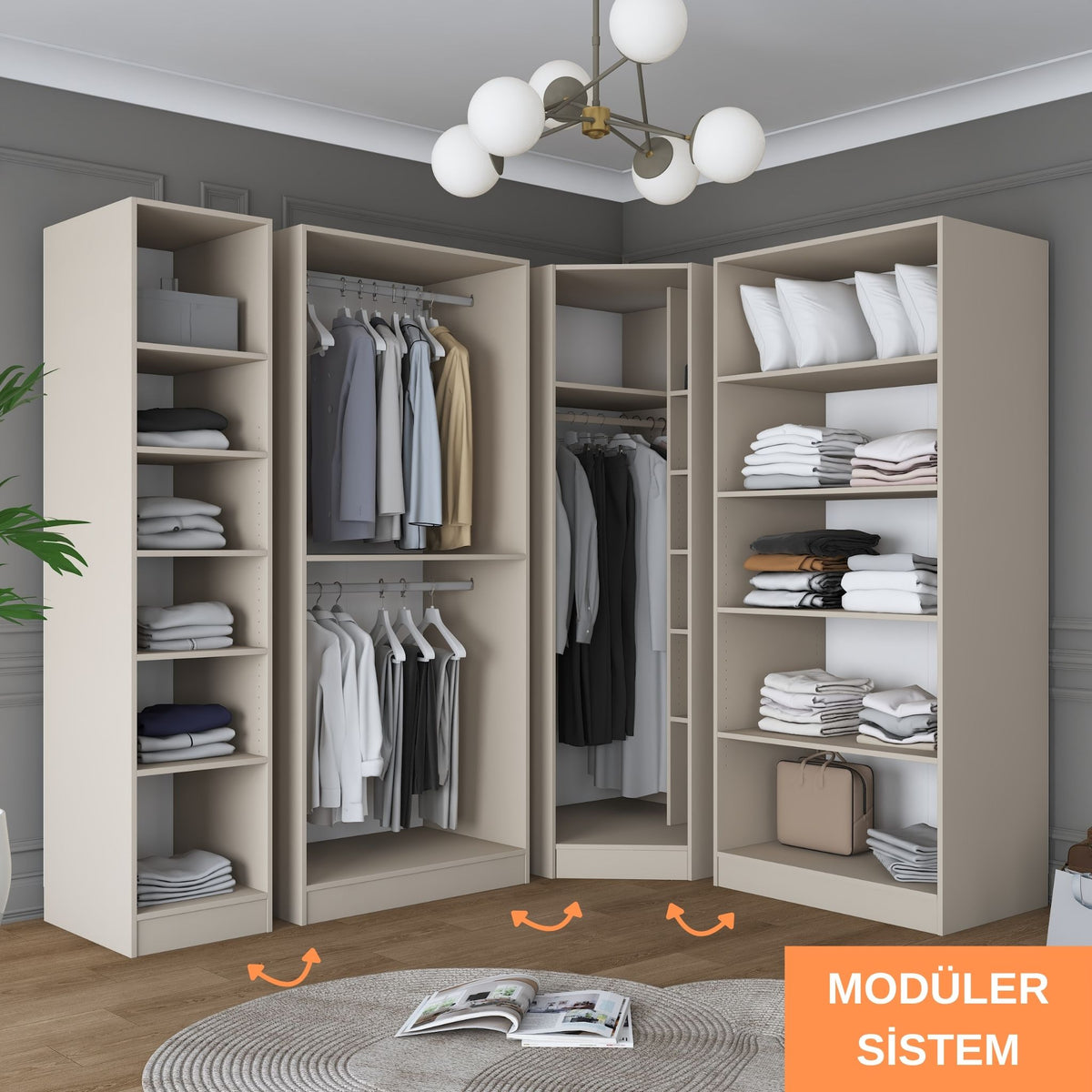Rani BA259 Modüler Köşe Gardırop 6 Kapaklı Raflı Askılı Elbise Dolabı Kumtaşı