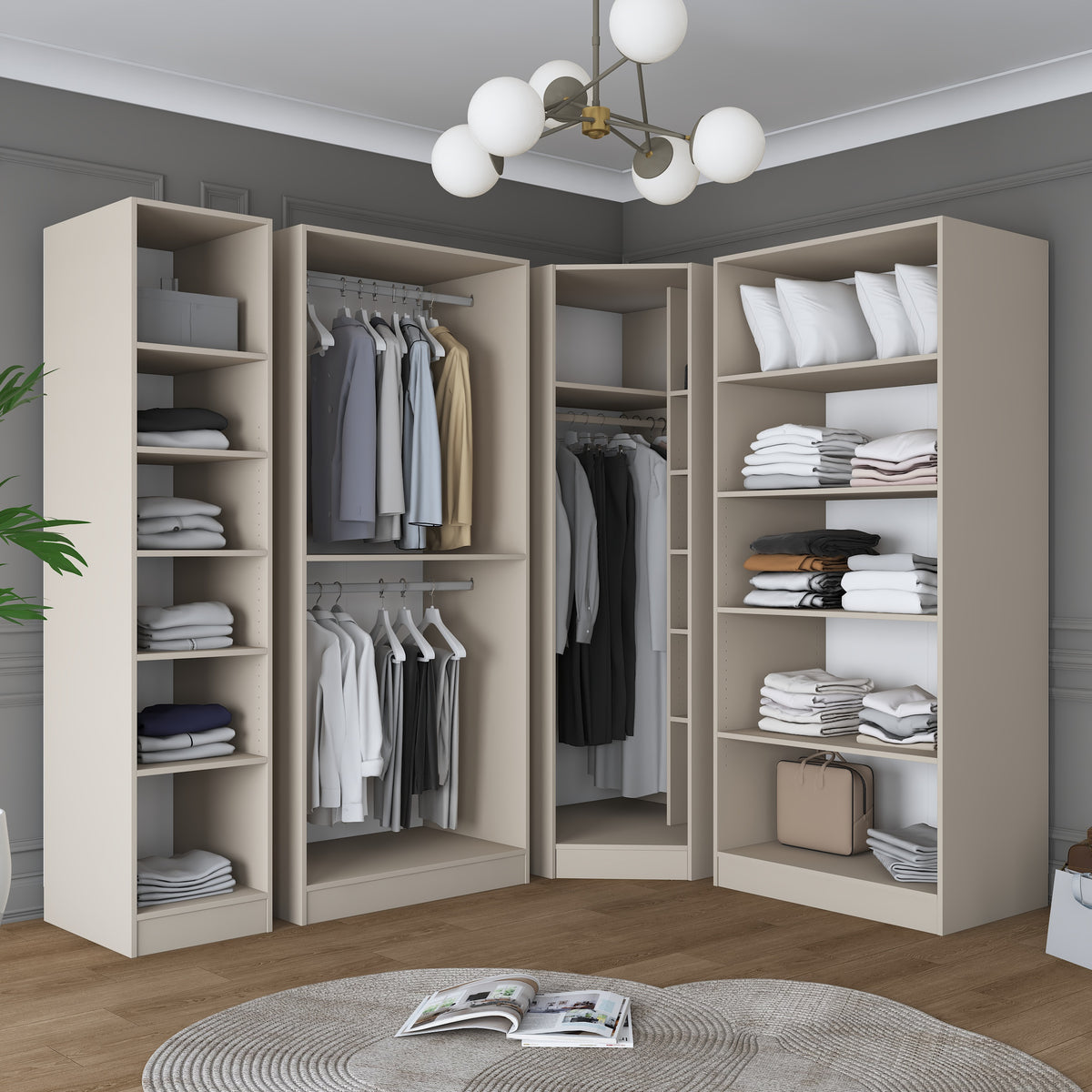Rani BA259 Modüler Köşe Gardırop 6 Kapaklı Raflı Askılı Elbise Dolabı Kumtaşı