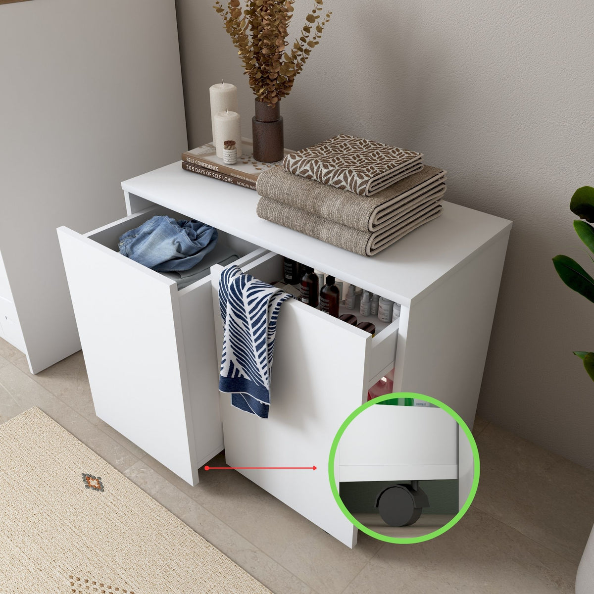 Rani KC117 Tekerlekli Kirli Çamaşır Dolabı 2 Bölmeli Banyo Dolabı Beyaz