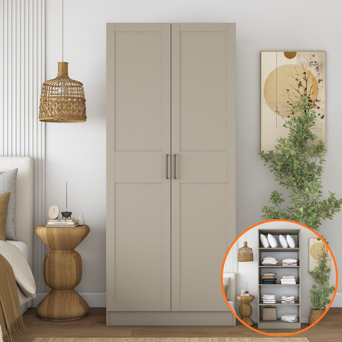 Rani BA288 Membran Kapaklı Gardırop 2 Kapaklı 4 Raflı Elbise Dolabı Kumtaşı