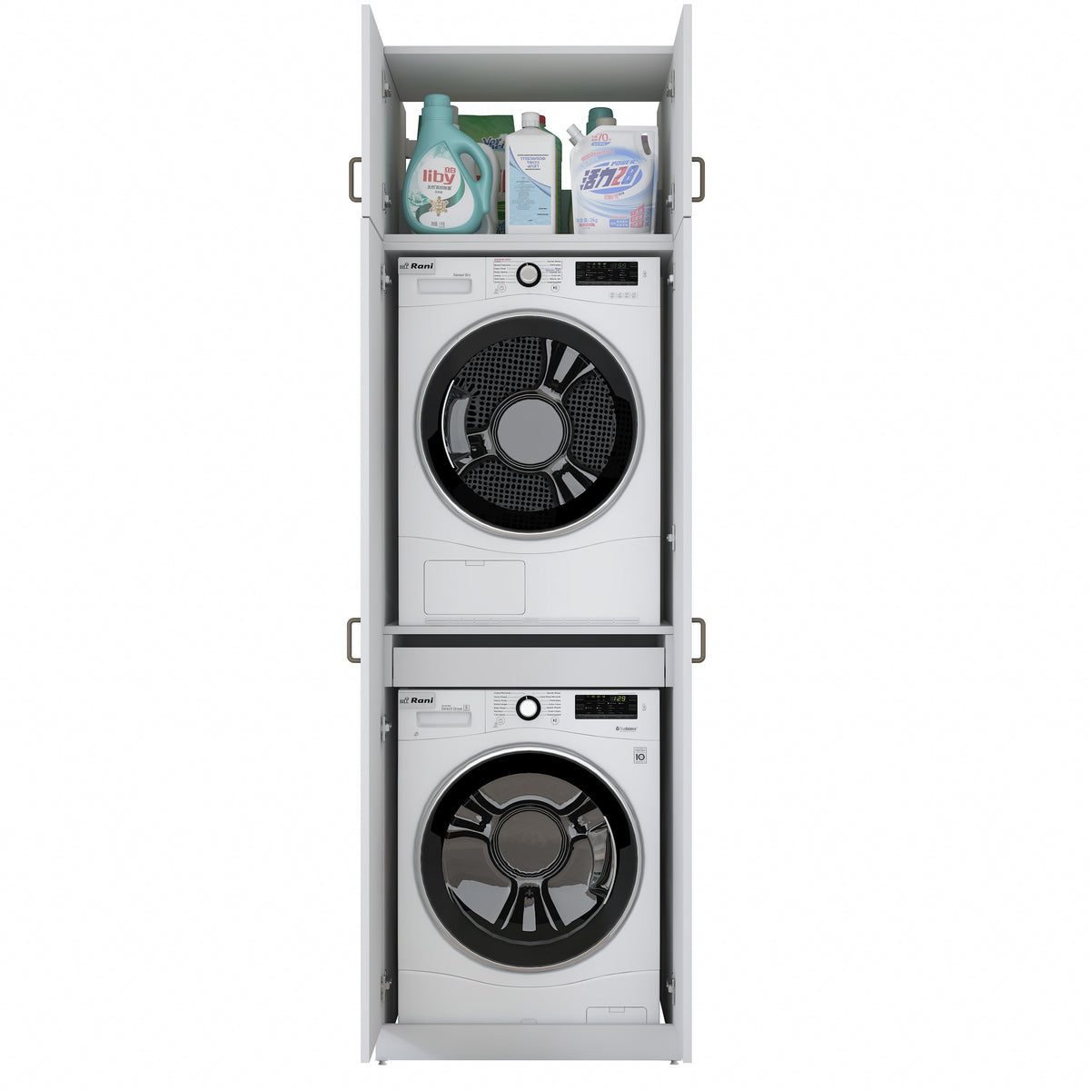 Rani KD144 Çamaşır Ve Kurutma Makinesi Dolabı 4 Kapaklı Çekmeceli Raflı Banyo Dolabı Beyaz