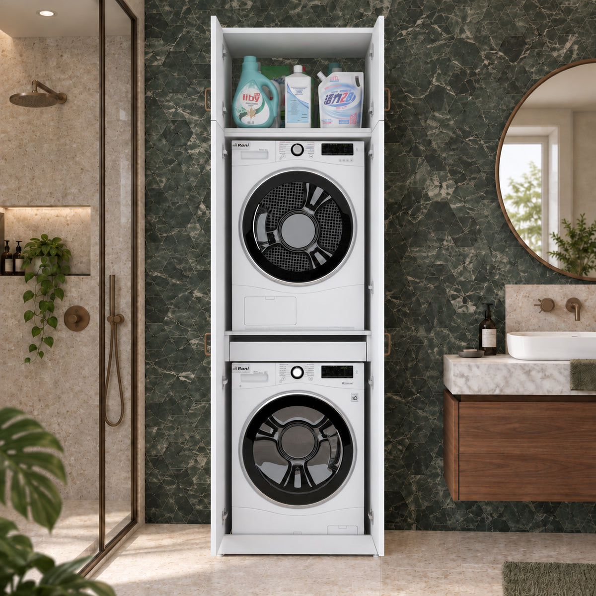 Rani KD144 Çamaşır Ve Kurutma Makinesi Dolabı 4 Kapaklı Çekmeceli Raflı Banyo Dolabı Beyaz