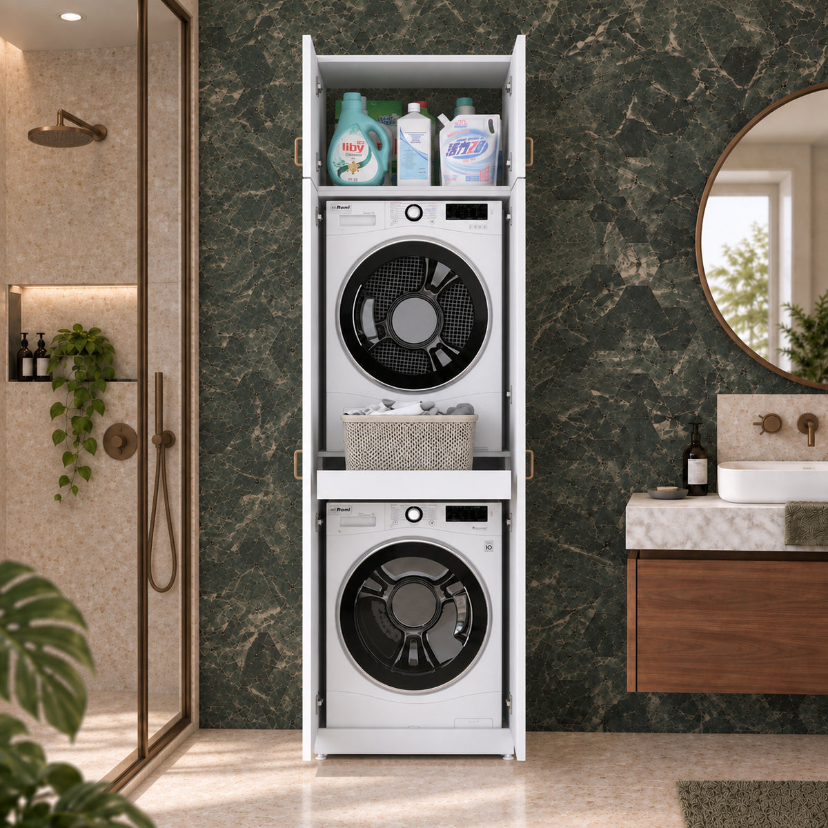 Rani KD144 Çamaşır Ve Kurutma Makinesi Dolabı 4 Kapaklı Çekmeceli Raflı Banyo Dolabı Beyaz