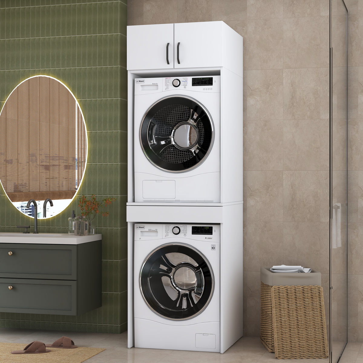 Rani KD147 Çamaşır Ve Kurutma Makinesi Dolabı Çekmeceli Raflı Banyo Dolabı Beyaz