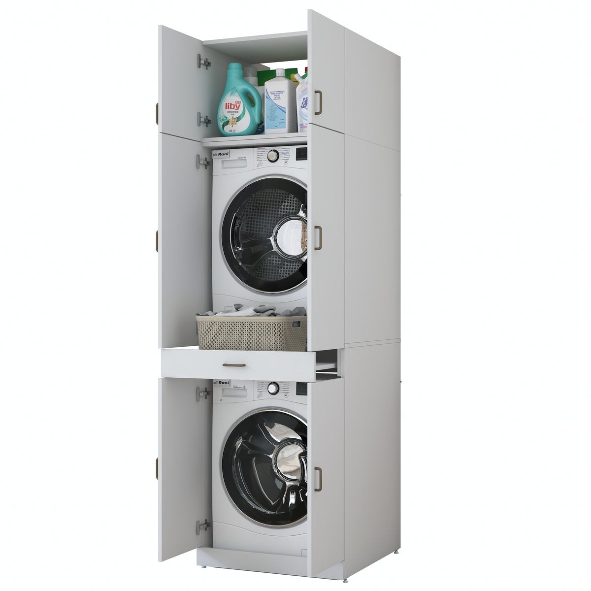 Rani KD146 Çamaşır Ve Kurutma Makinesi Dolabı 4 Kapaklı Çekmeceli Banyo Dolabı Beyaz