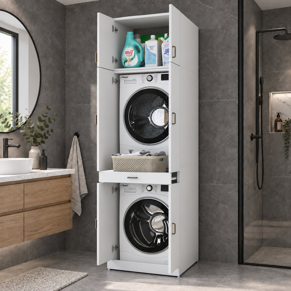 Rani KD146 Çamaşır Ve Kurutma Makinesi Dolabı 4 Kapaklı Çekmeceli Banyo Dolabı Beyaz
