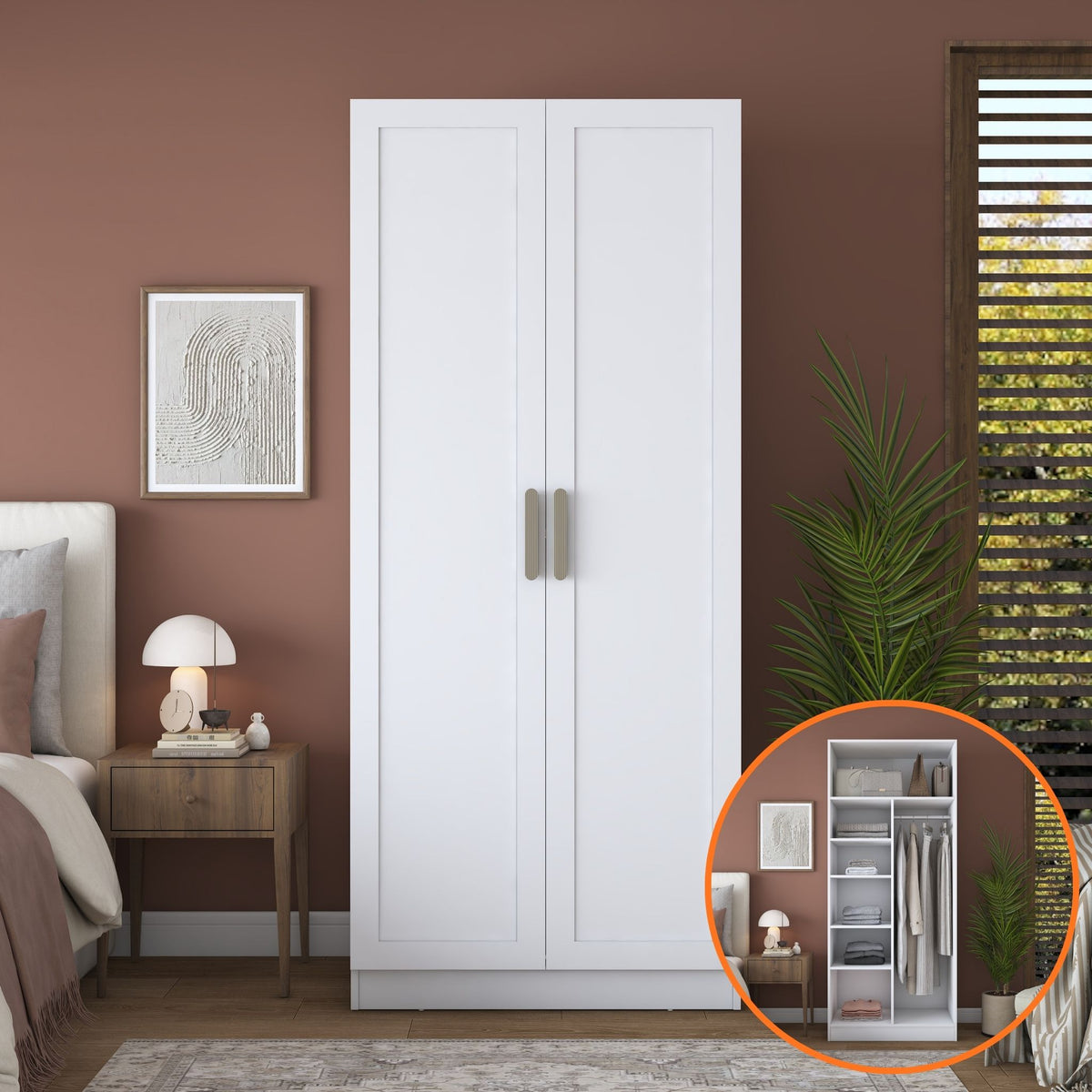 Rani BA299 Membran Kapaklı Gardırop 2 Kapaklı 5 Raflı Askılı Elbise Dolabı Beyaz
