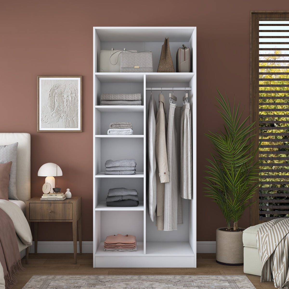 Rani BA299 Membran Kapaklı Gardırop 2 Kapaklı 5 Raflı Askılı Elbise Dolabı Beyaz