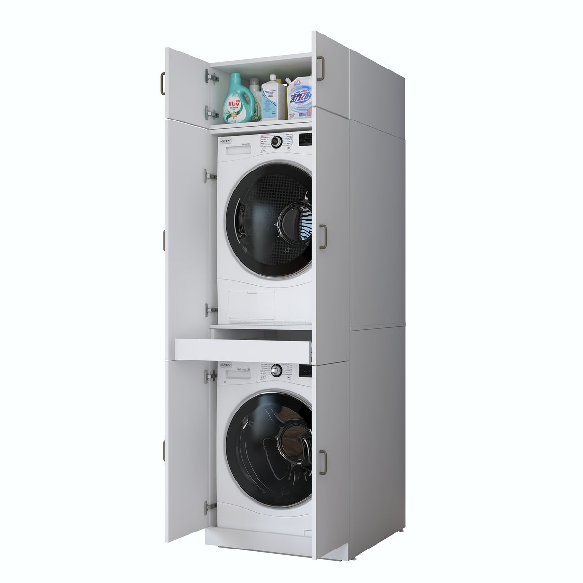 Rani KD142 Çamaşır Ve Kurutma Makinesi Dolabı 6 Kapaklı Çekmeceli Raflı Banyo Dolabı Beyaz