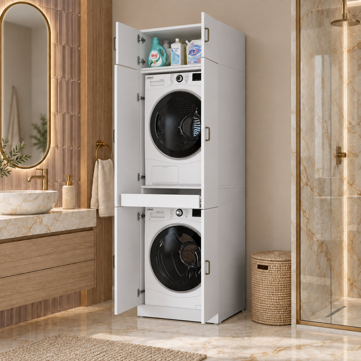 Rani KD142 Çamaşır Ve Kurutma Makinesi Dolabı 6 Kapaklı Çekmeceli Raflı Banyo Dolabı Beyaz