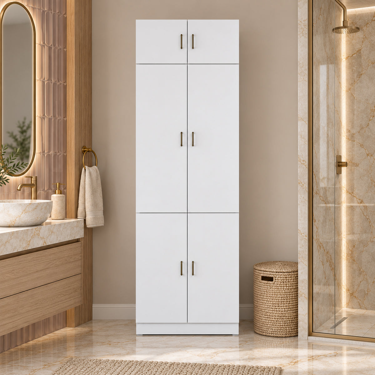 Rani KD142 Çamaşır Ve Kurutma Makinesi Dolabı 6 Kapaklı Çekmeceli Raflı Banyo Dolabı Beyaz