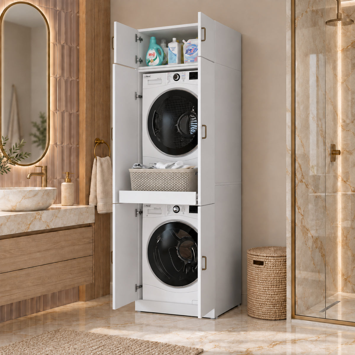 Rani KD142 Çamaşır Ve Kurutma Makinesi Dolabı 6 Kapaklı Çekmeceli Raflı Banyo Dolabı Beyaz