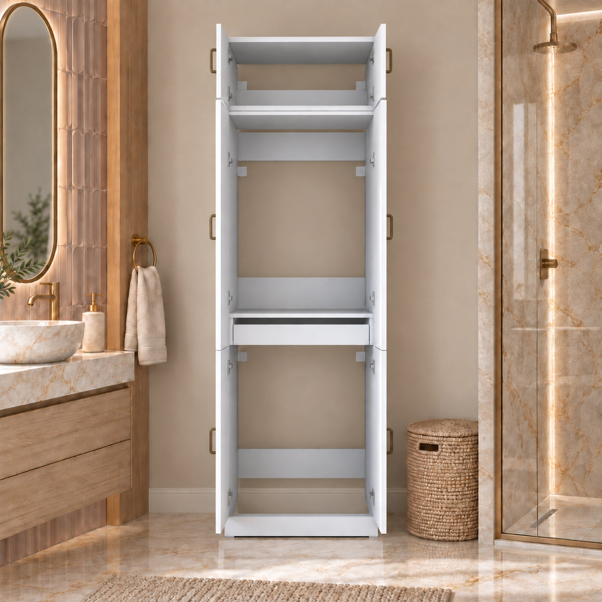 Rani KD142 Çamaşır Ve Kurutma Makinesi Dolabı 6 Kapaklı Çekmeceli Raflı Banyo Dolabı Beyaz