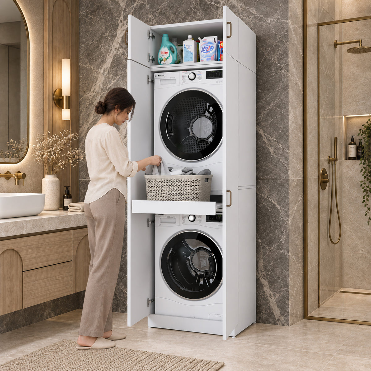 Rani KD141 Çamaşır Ve Kurutma Makinesi Dolabı 2 Kapaklı Çekmeceli Raflı Banyo Dolabı Beyaz