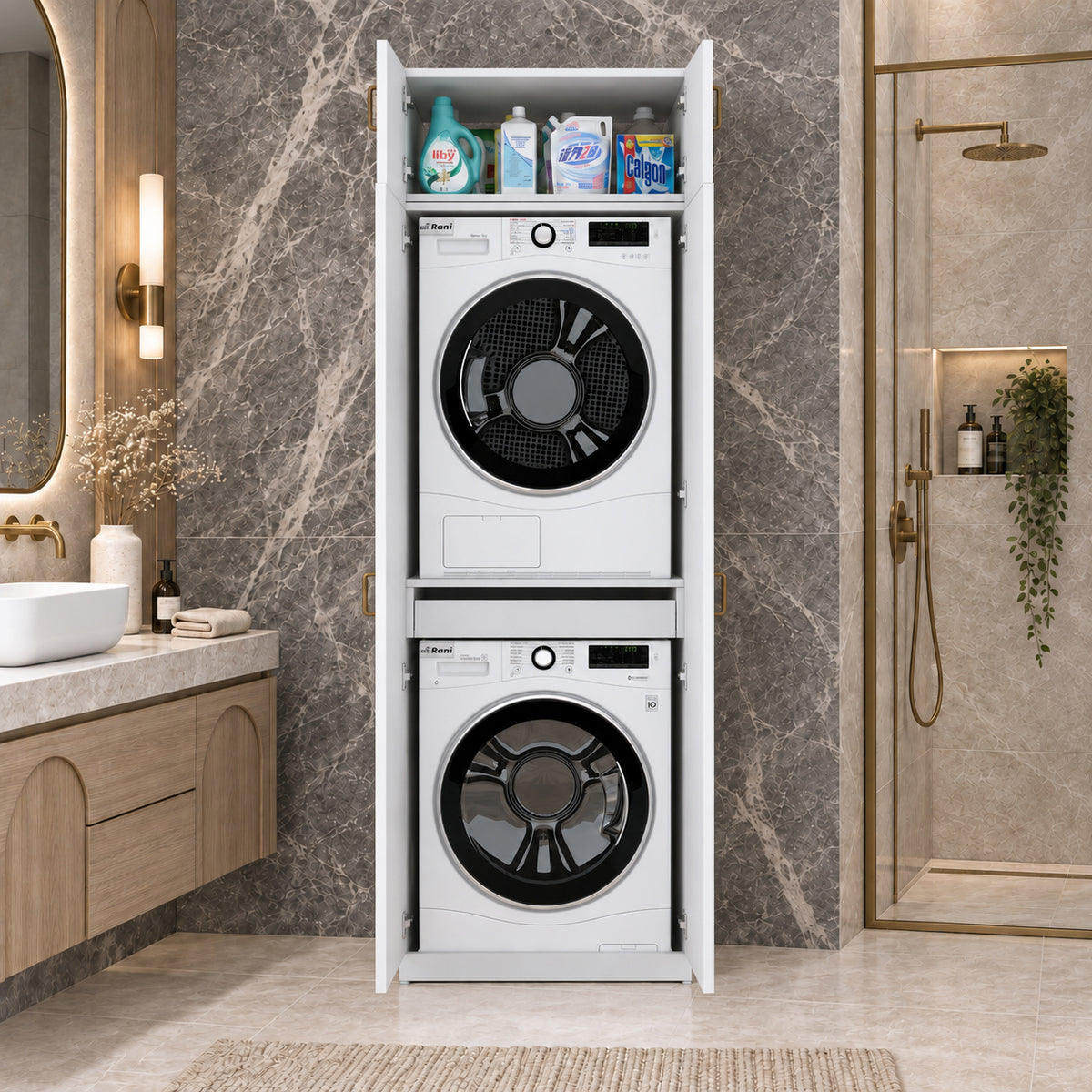 Rani KD141 Çamaşır Ve Kurutma Makinesi Dolabı 2 Kapaklı Çekmeceli Raflı Banyo Dolabı Beyaz