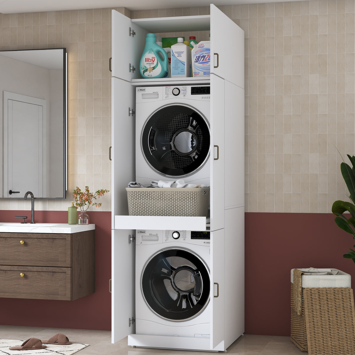 Rani KD145 Çamaşır Ve Kurutma Makinesi Dolabı 4 Kapaklı Çekmeceli Banyo Dolabı Beyaz