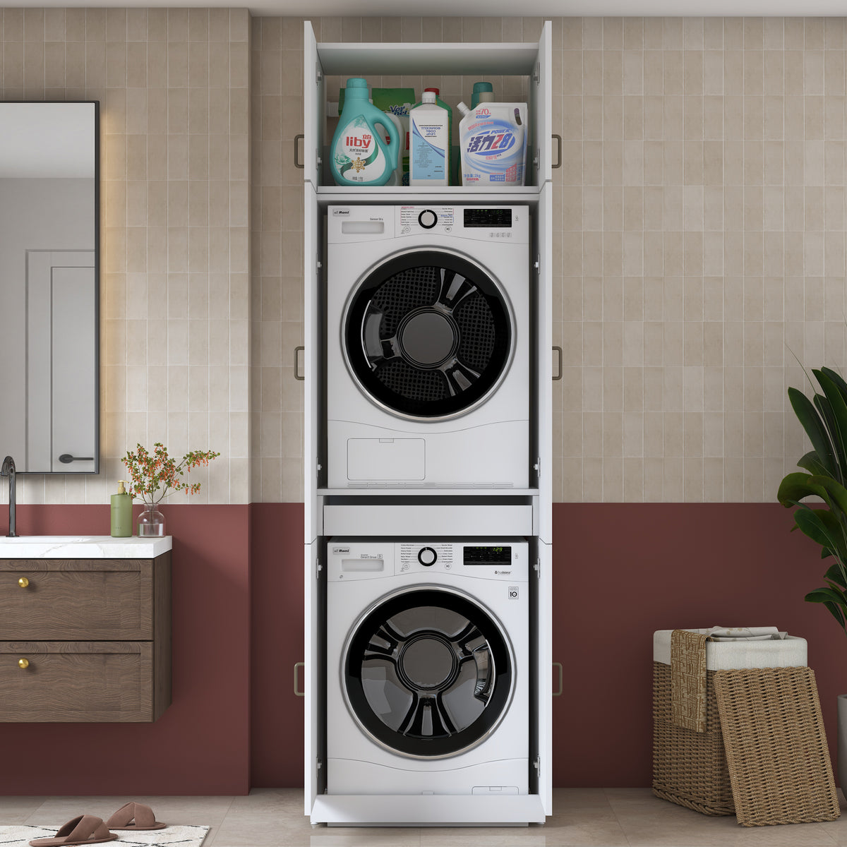 Rani KD145 Çamaşır Ve Kurutma Makinesi Dolabı 4 Kapaklı Çekmeceli Banyo Dolabı Beyaz