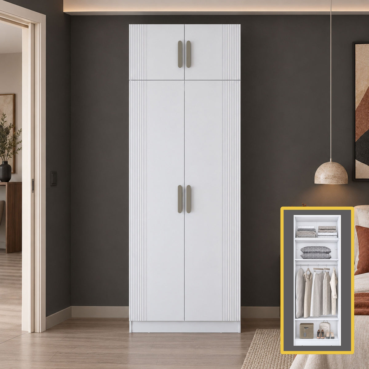 Rani BA405 Membran Kapaklı Modüler Gardırop 3 Raflı Askılı 2 Kapaklı Elbise Dolabı Beyaz