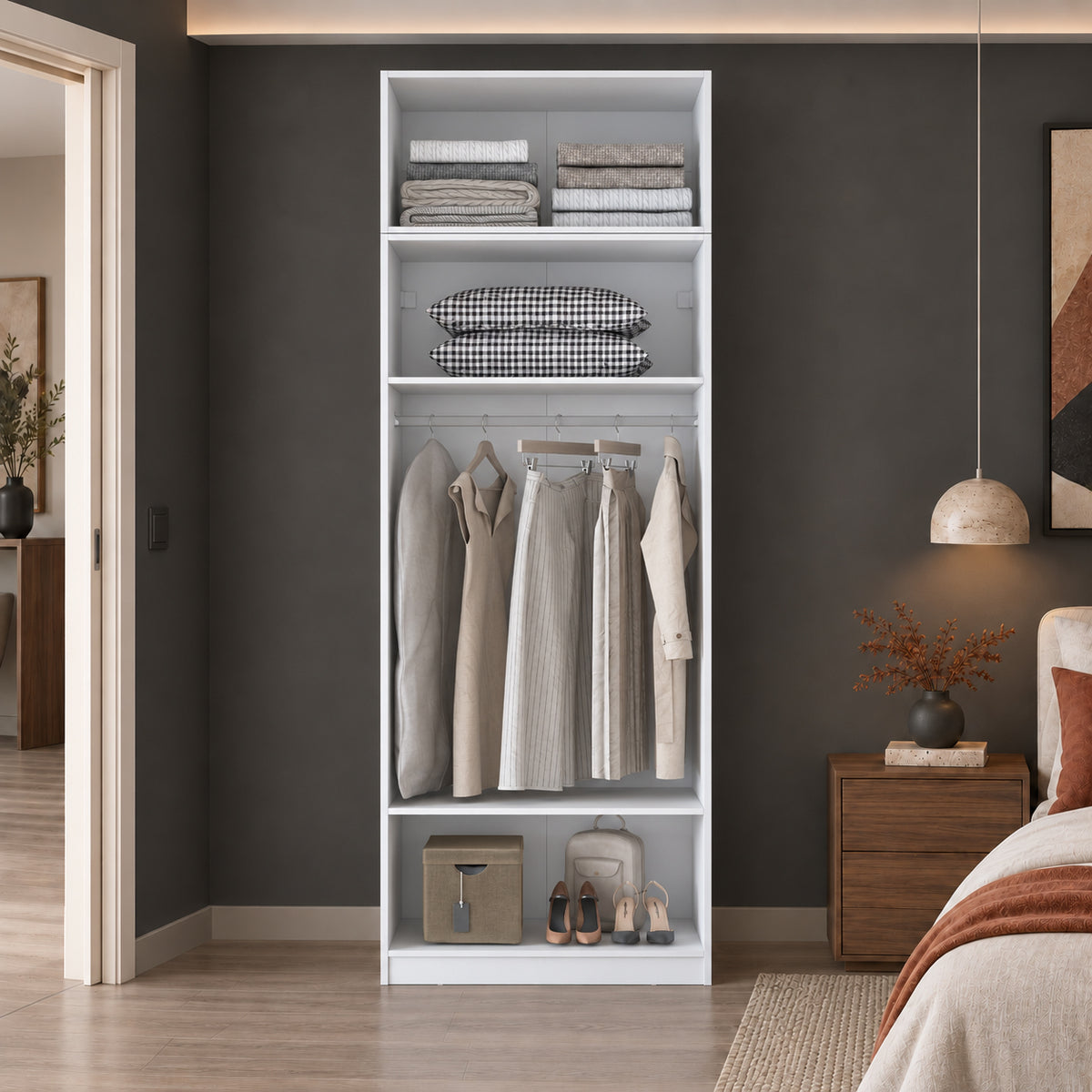 Rani BA405 Membran Kapaklı Modüler Gardırop 3 Raflı Askılı 2 Kapaklı Elbise Dolabı Beyaz