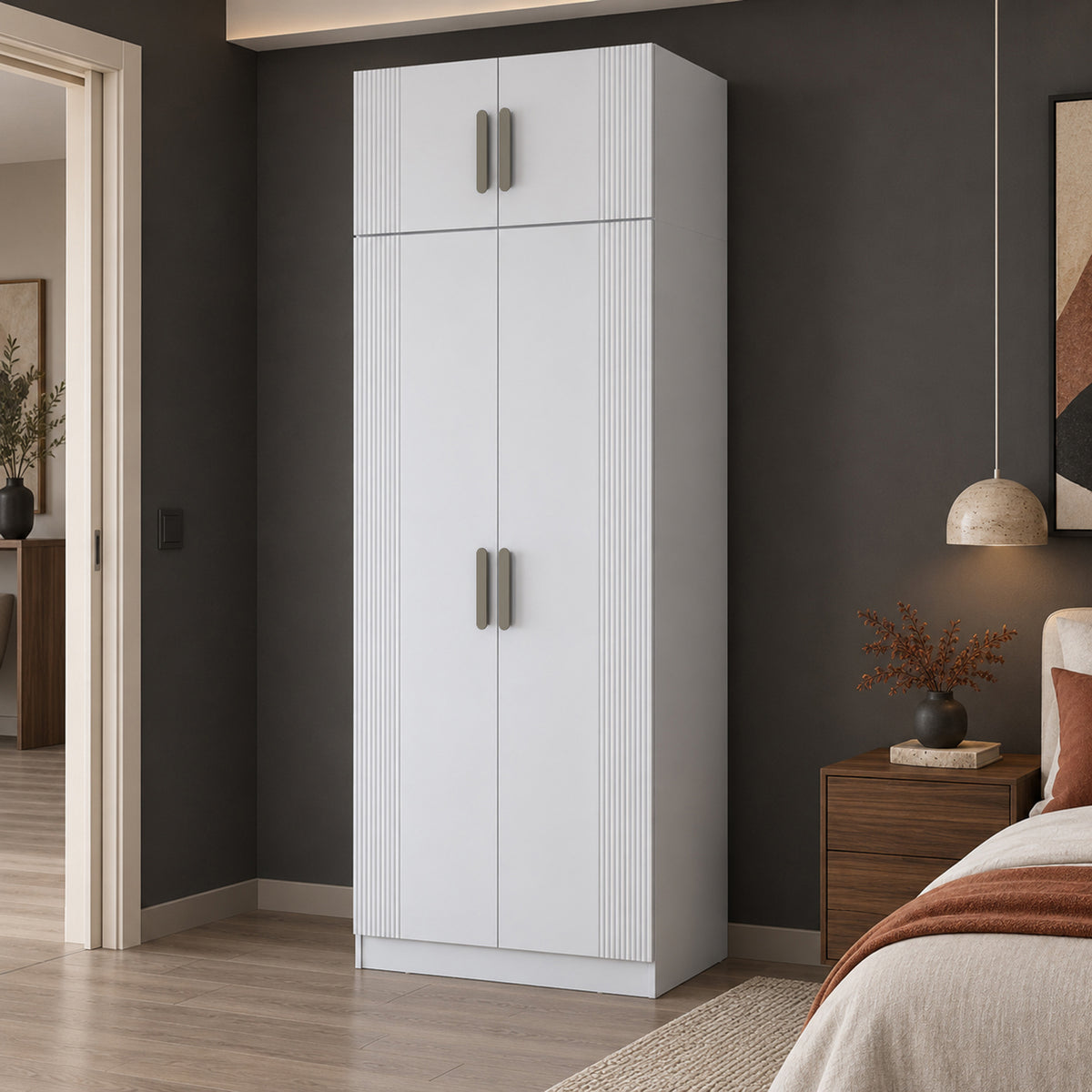 Rani BA405 Membran Kapaklı Modüler Gardırop 3 Raflı Askılı 2 Kapaklı Elbise Dolabı Beyaz