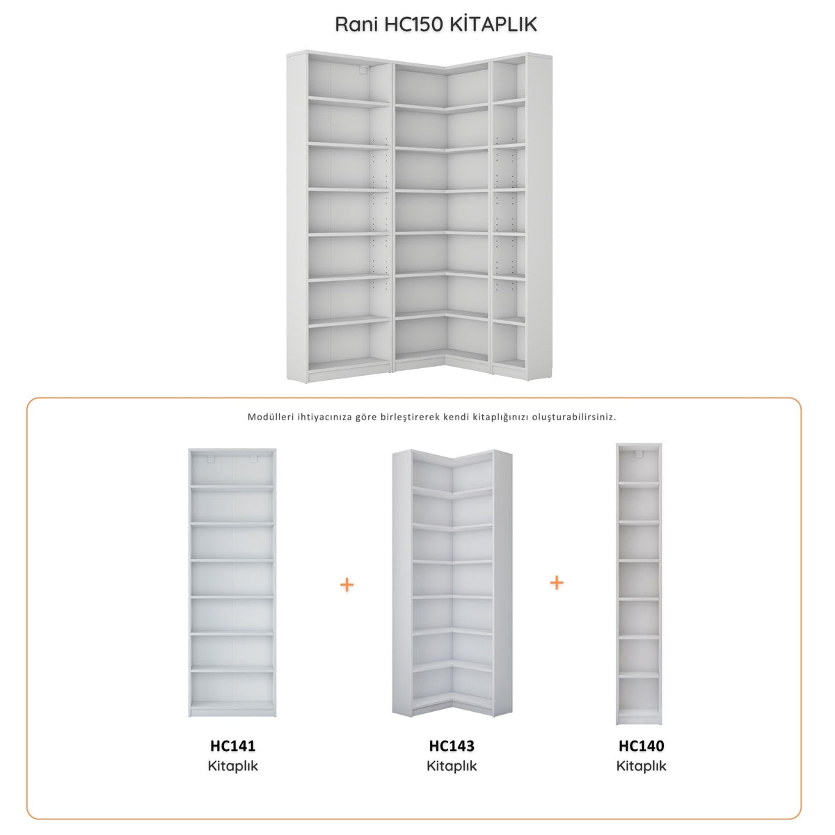 Rani HC150 Kitaplık 18 Raflı Çalışma Odası Kütüphane Modern Duvar Rafı Beyaz