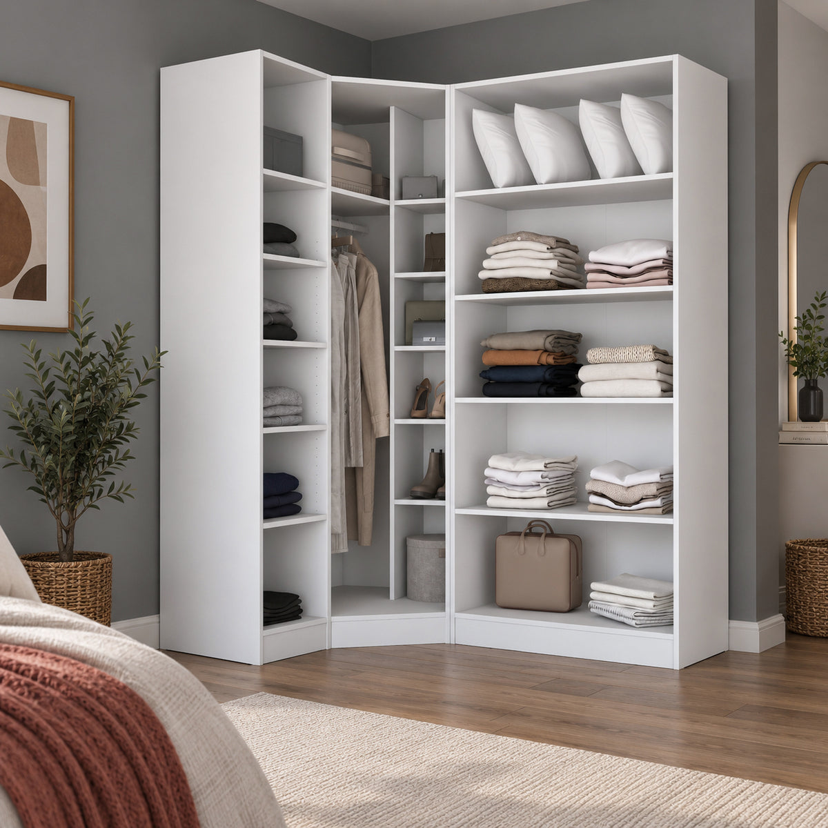 Rani BA386 Modüler Gardırop 4 Kapaklı Raflı Askılı Elbise Dolabı Beyaz