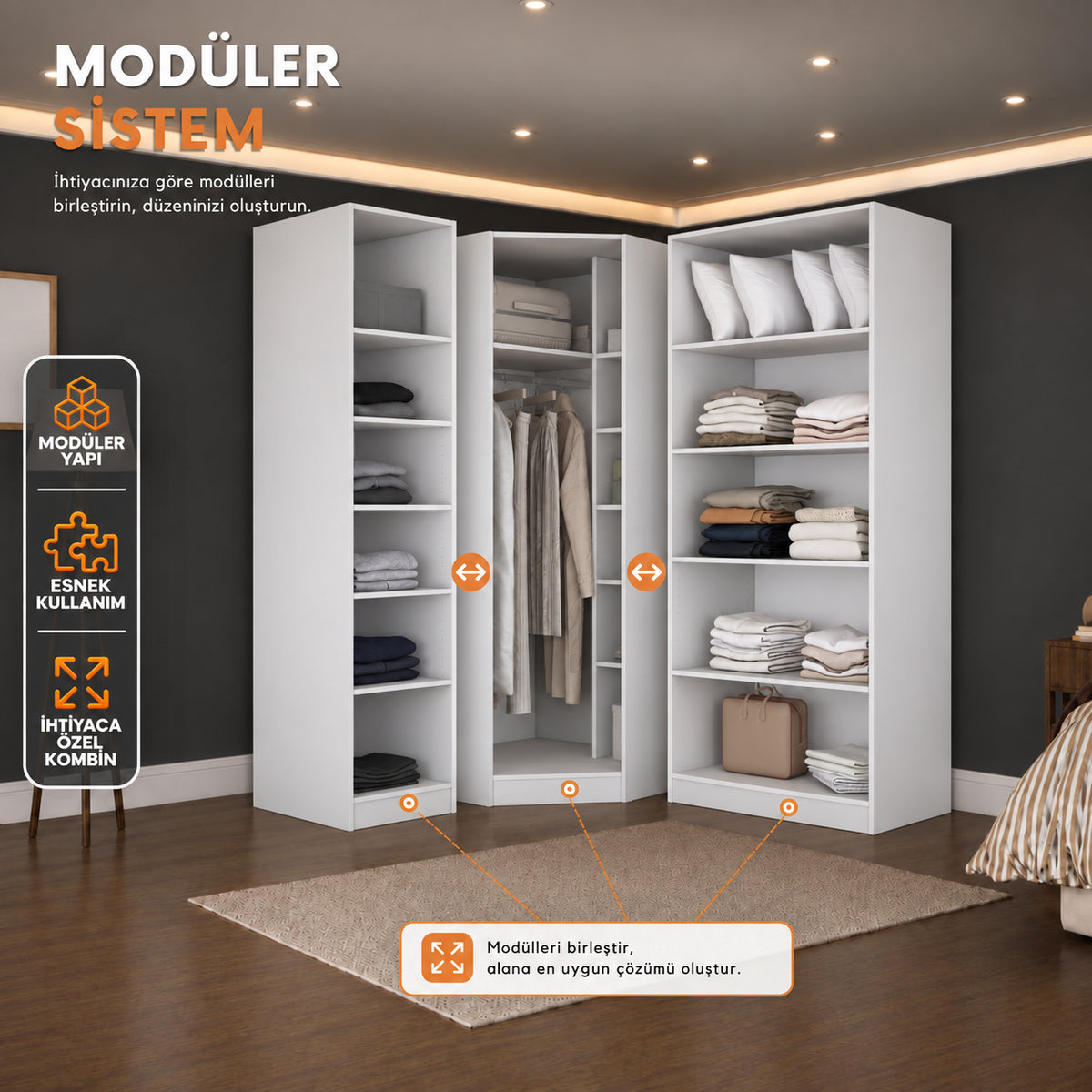 Rani BA386 Modüler Gardırop 4 Kapaklı Raflı Askılı Elbise Dolabı Beyaz
