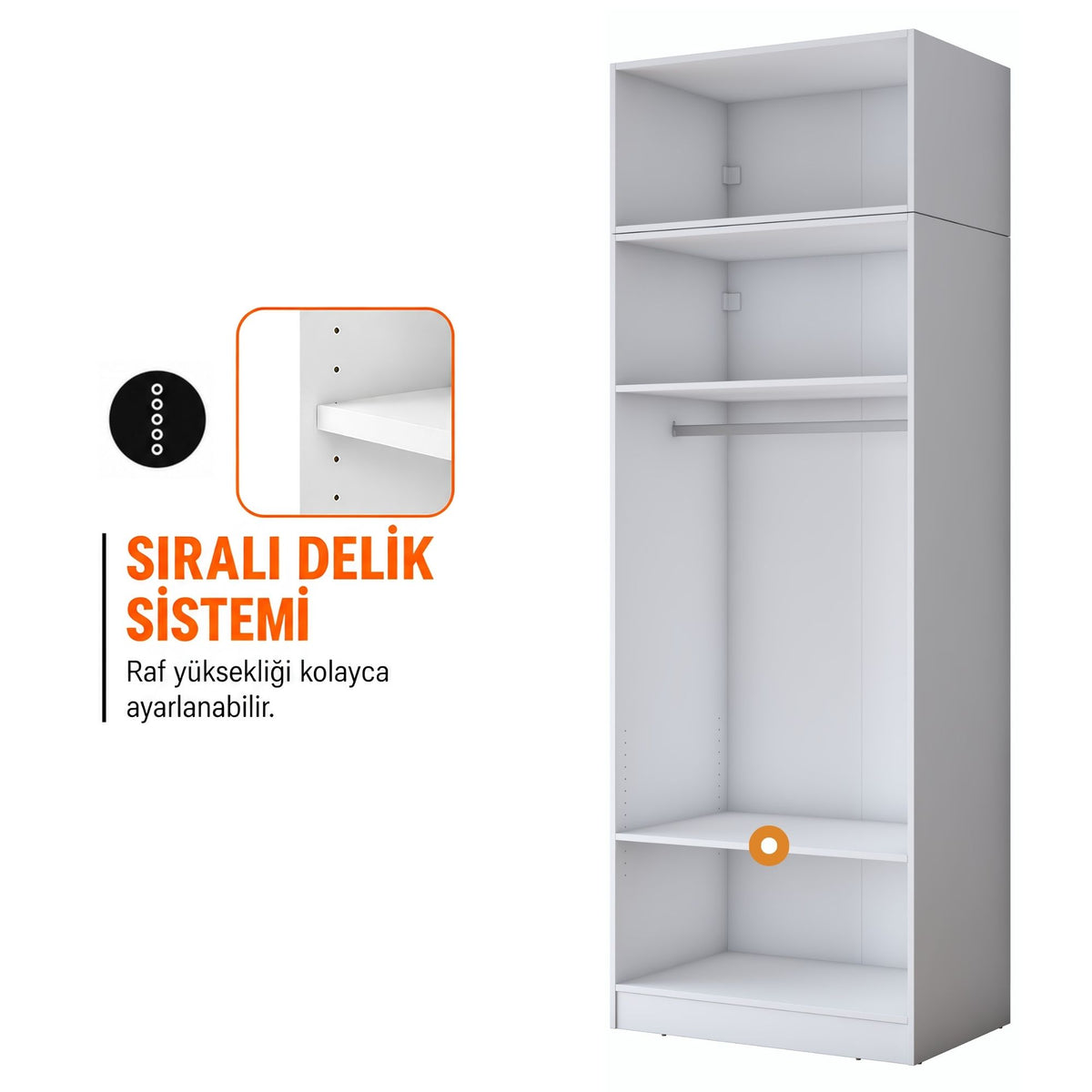 Rani BA425 Membran Kapaklı Gardırop 2 Kapaklı 3 Raflı Askılı Elbise Dolabı Beyaz