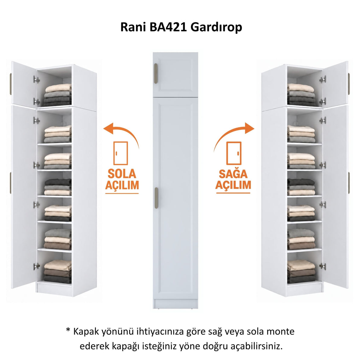 Rani BA421 Membran Kapaklı Gardırop Tek Kapaklı 6 Raflı Elbise Dolabı Beyaz