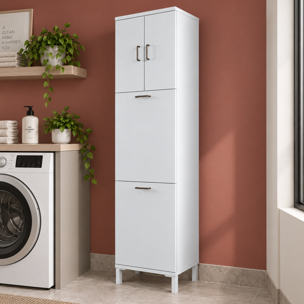 Rani KC121 Banyo Dolabı Düşer Kapaklı Raflı Çamaşır Sepeti Bölmeli Çok Amaçlı Dolap Beyaz