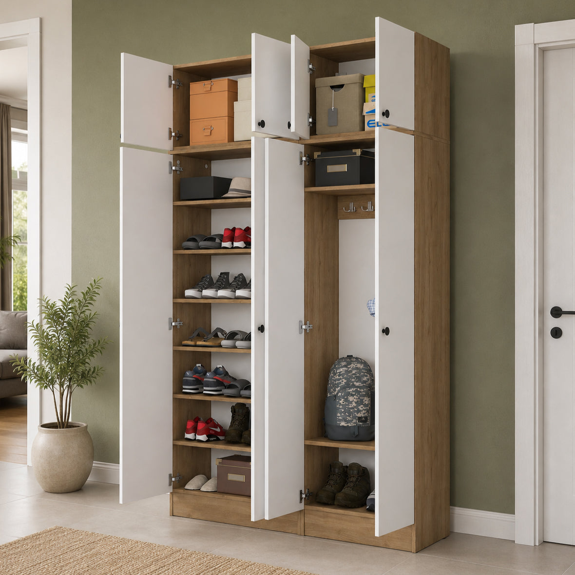 Rani EA168 Modern Portmanto 8 Kapaklı Raflı Askılı Ayakkabılık Vestiyer Sepet Ceviz - Beyaz