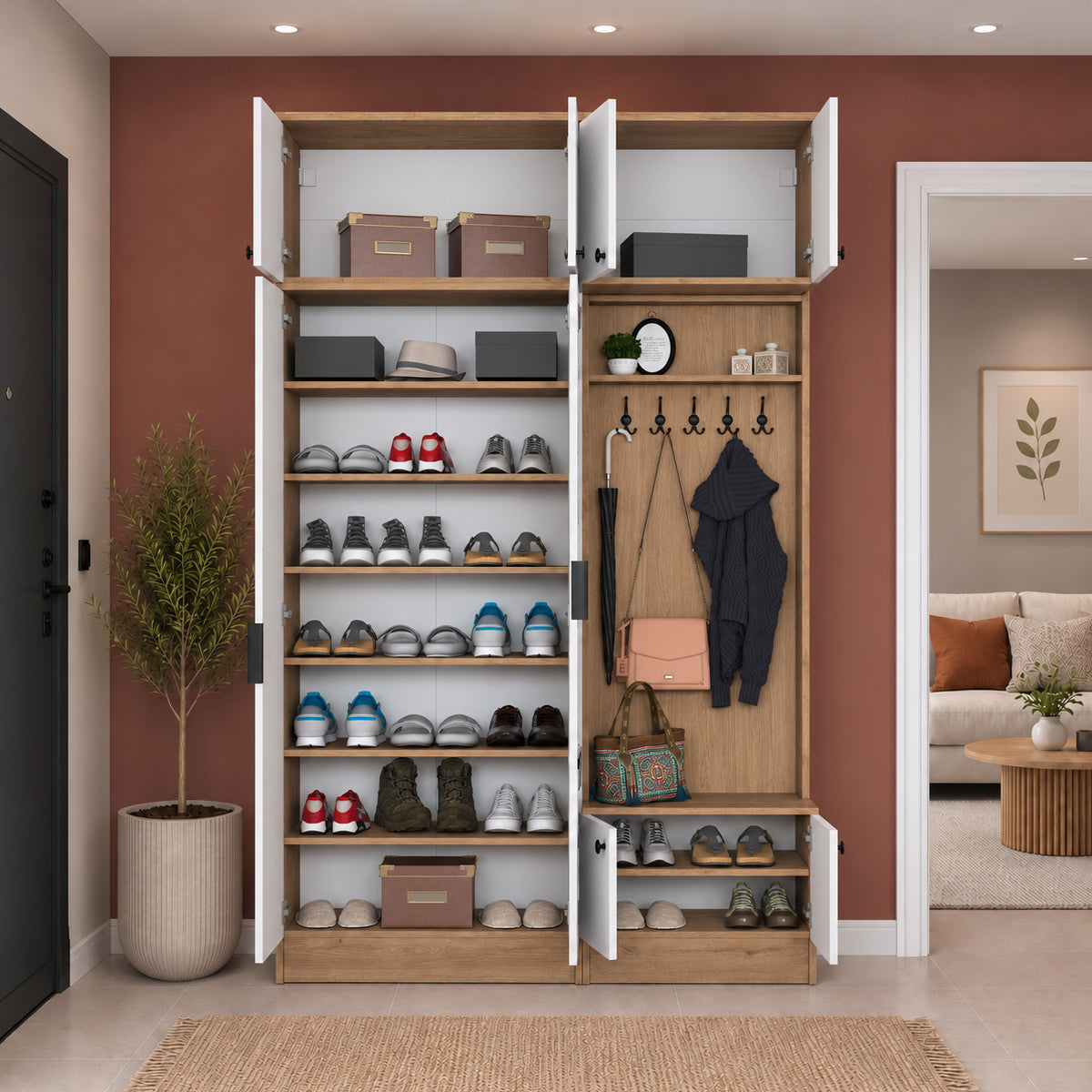 Rani EA166 Modern Portmanto 8 Kapaklı Aynalı Raflı Askılı Ayakkabılık Vestiyer Sepet Ceviz - Beyaz