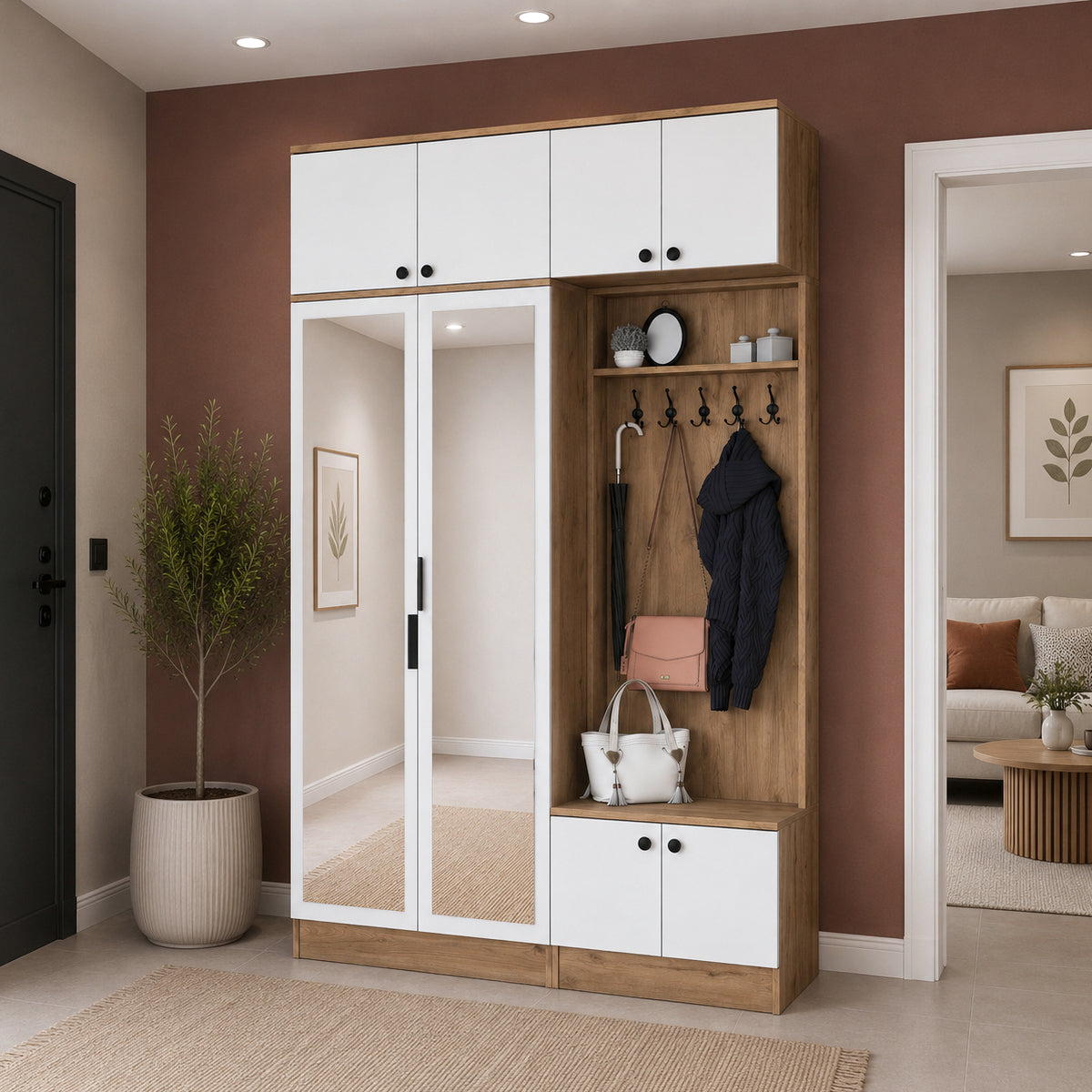 Rani EA166 Modern Portmanto 8 Kapaklı Aynalı Raflı Askılı Ayakkabılık Vestiyer Sepet Ceviz - Beyaz