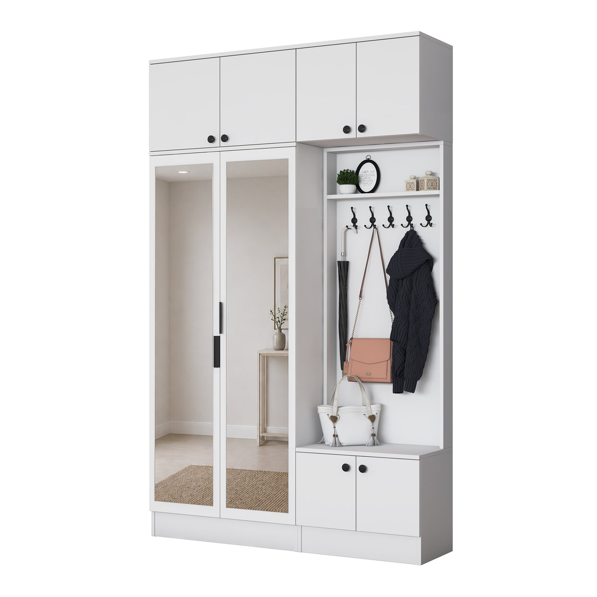 Rani EA166 Modern Portmanto 8 Kapaklı Aynalı Raflı Askılı Ayakkabılık Vestiyer Beyaz