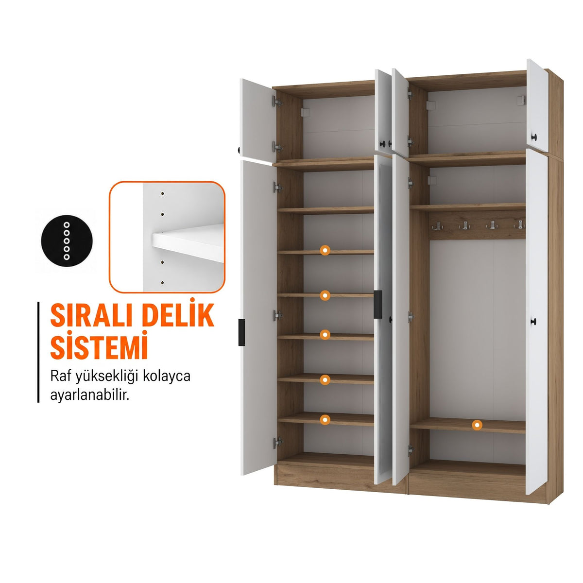 Rani EA177 Modern Portmanto 8 Kapaklı Aynalı Raflı Askılı Ayakkabılık Vestiyer Sepet Ceviz - Beyaz