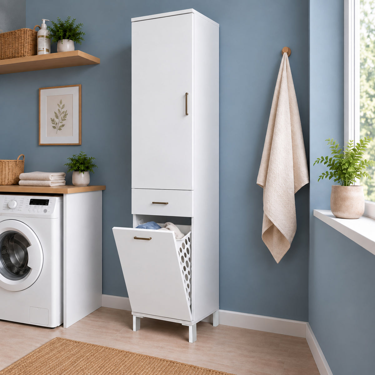 Rani KC120 Banyo Dolabı Düşer Kapaklı Raflı Çamaşır Sepeti Bölmeli Çok Amaçlı Dolap Beyaz