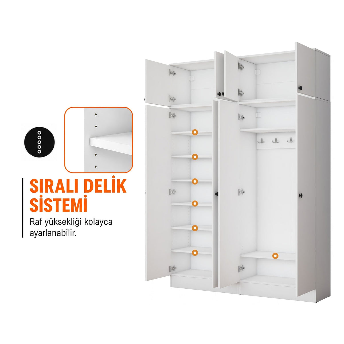 Rani EA176 Modern Portmanto 8 Kapaklı Raflı Askılı Ayakkabılık Vestiyer Beyaz