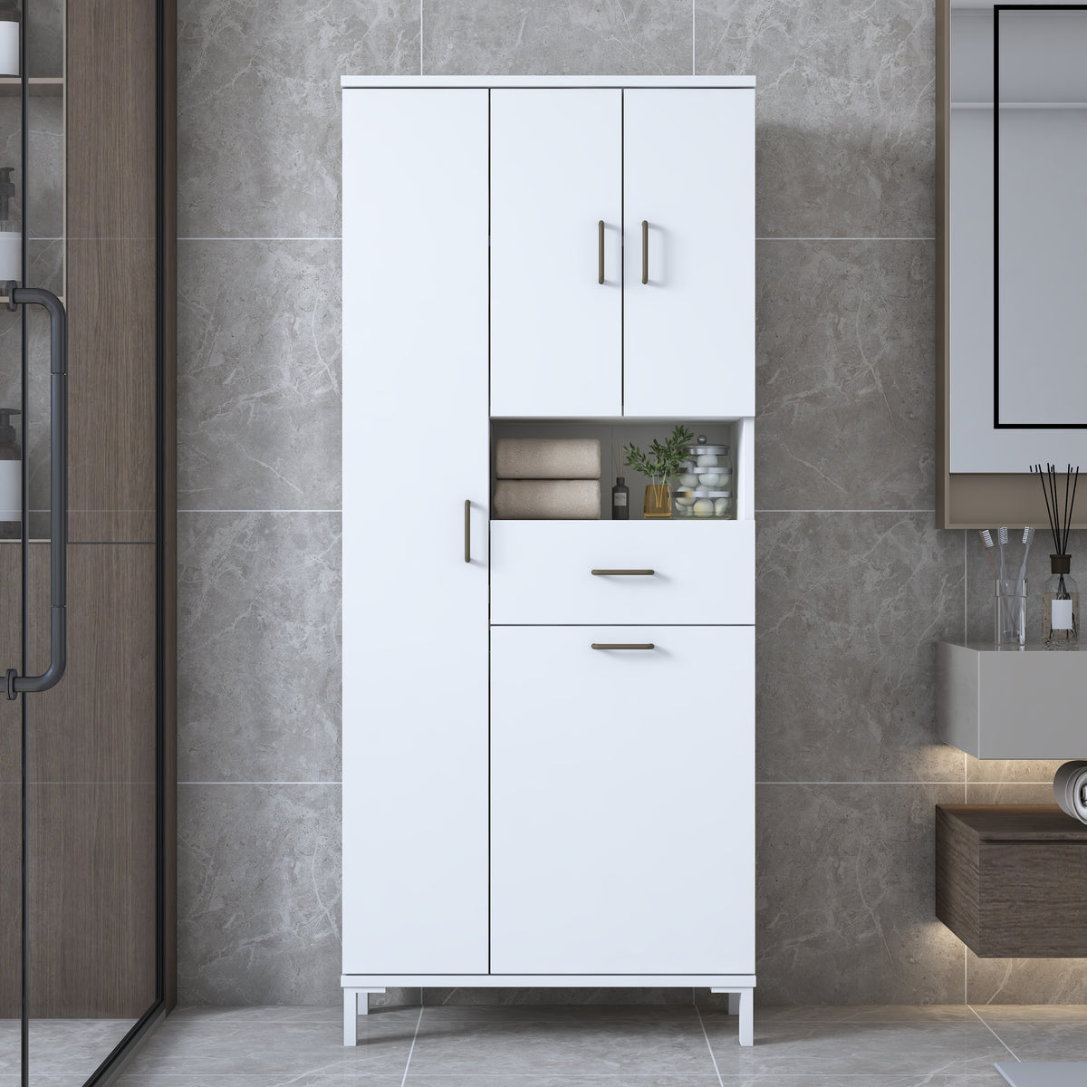 Rani KC122 Banyo Dolabı Düşer Kapaklı Raflı Çekmeceli Çamaşır Sepeti Bölmeli Çok Amaçlı Dolap Beyaz