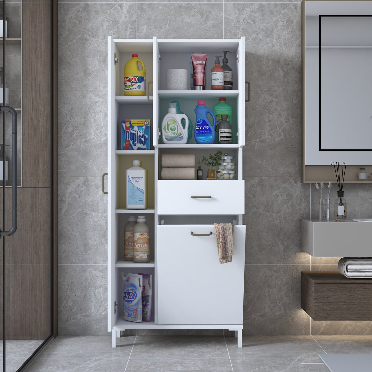 Rani KC122 Banyo Dolabı Düşer Kapaklı Raflı Çekmeceli Çamaşır Sepeti Bölmeli Çok Amaçlı Dolap Beyaz