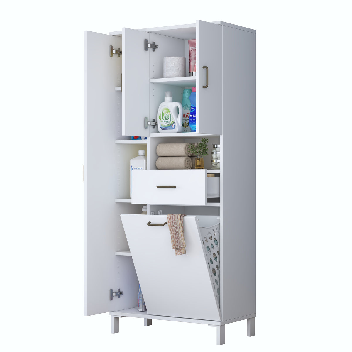Rani KC122 Banyo Dolabı Düşer Kapaklı Raflı Çekmeceli Çamaşır Sepeti Bölmeli Çok Amaçlı Dolap Beyaz