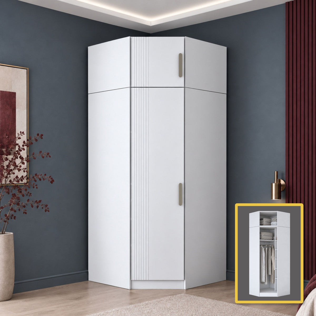 Rani BA403 Membran Kapaklı Köşe Modüler Gardırop Tek Kapaklı 7 Raflı Askılı Elbise Dolabı Beyaz