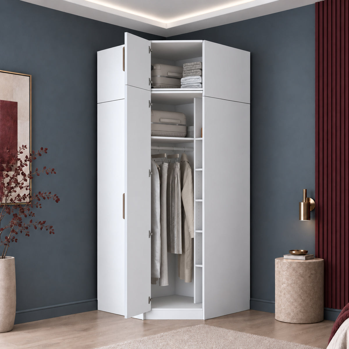 Rani BA403 Membran Kapaklı Köşe Modüler Gardırop Tek Kapaklı 7 Raflı Askılı Elbise Dolabı Beyaz