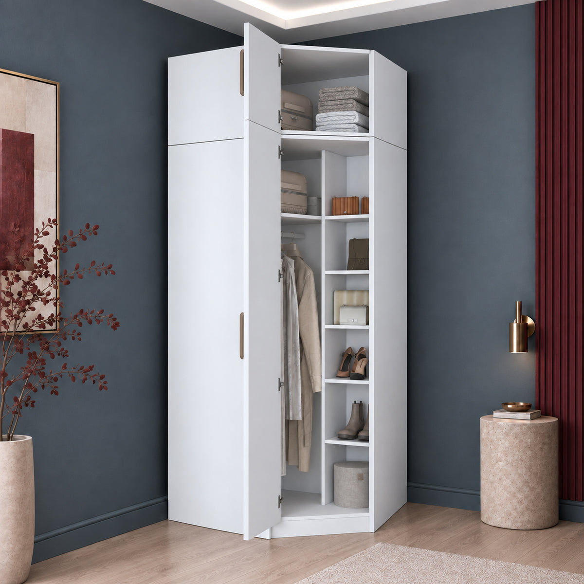 Rani BA403 Membran Kapaklı Köşe Modüler Gardırop Tek Kapaklı 7 Raflı Askılı Elbise Dolabı Beyaz