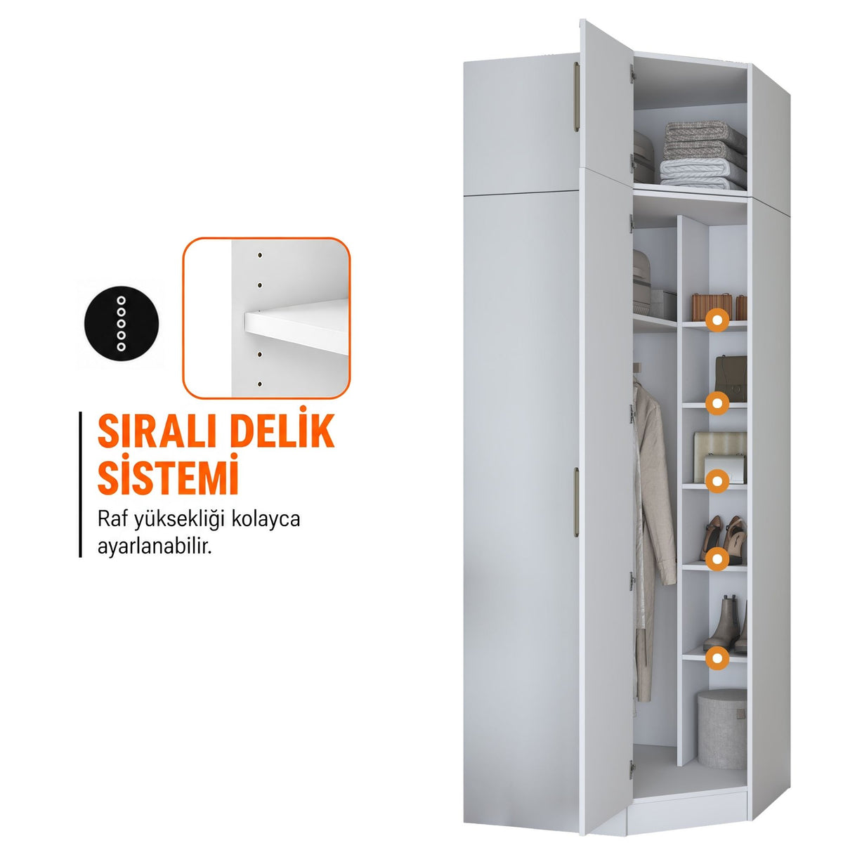 Rani BA403 Membran Kapaklı Köşe Modüler Gardırop Tek Kapaklı 7 Raflı Askılı Elbise Dolabı Beyaz