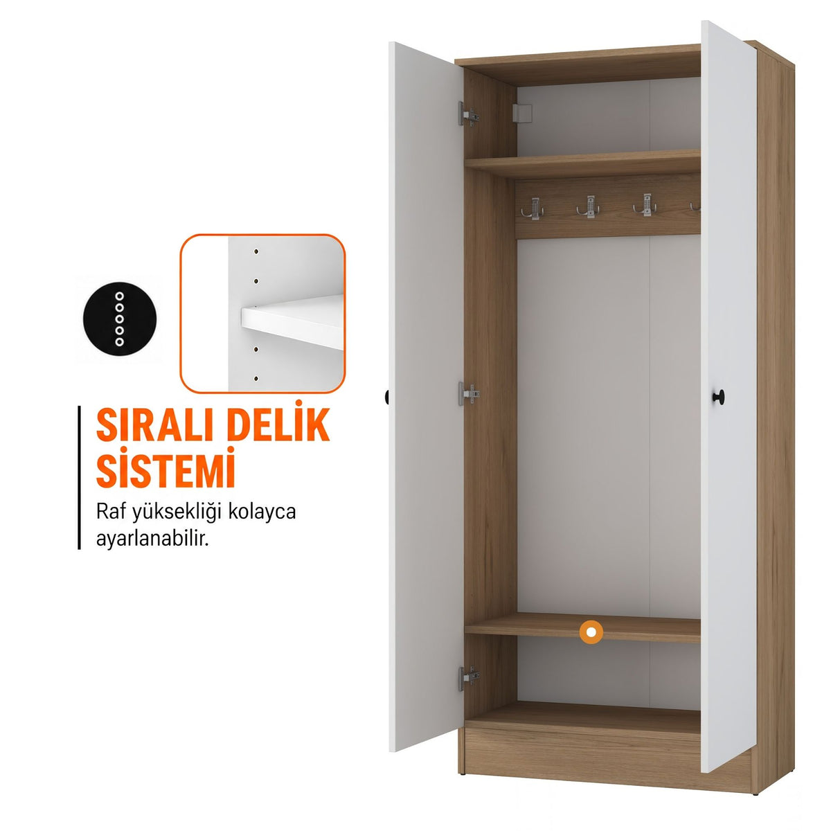 Rani EA172 Modern Portmanto 2 Kapaklı Raflı Askılı Ayakkabılık Vestiyer Sepet Ceviz - Beyaz