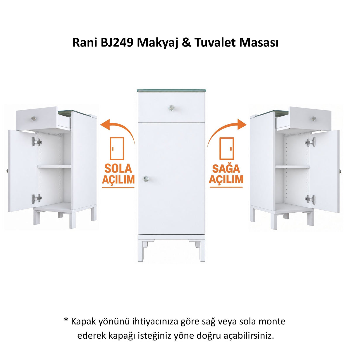Rani BJ249 Çekmeceli Raflı Makyaj & Tuvalet Masası Cam Tablalı Yan Dolap Beyaz